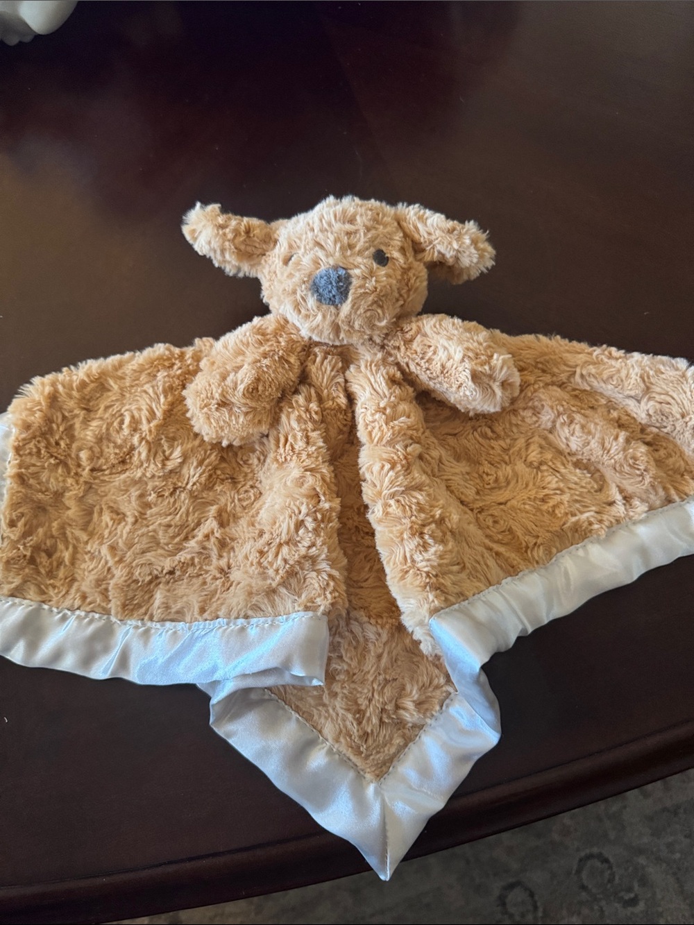 Plush Tan Puppy Lovey Security Blanket with Satin Trim